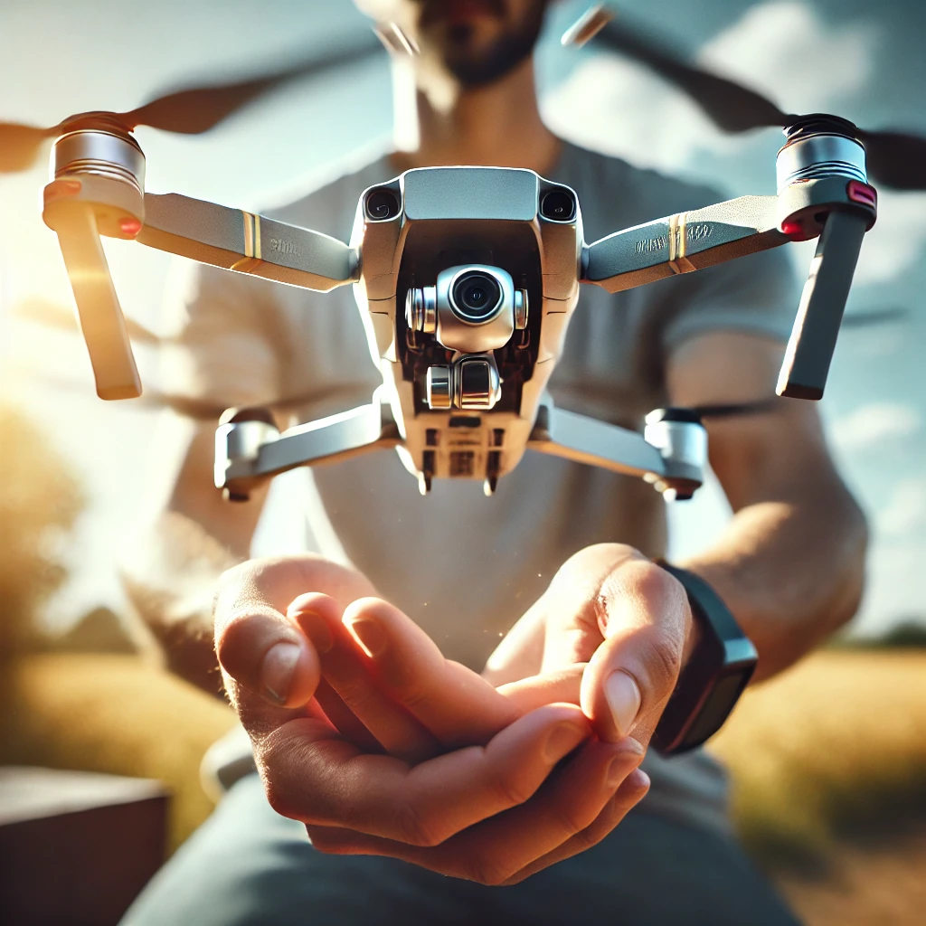 DALL·E 2024-10-23 17.13.25 - A highly realistic close-up photo of a drone being held by a person, but this time the drone is in the process of being launched. The scene is dynamic